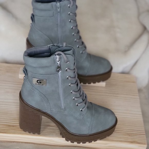G by Guess Los Angeles Shoes - G by Guess Los Angeles Dark Gray Heeled Platform Lace Up Lug Sole Boots